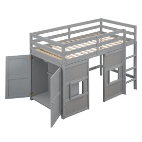 Wood Twin Size Loft Bed with Built-in Storage Wardrobe and 2 Windows