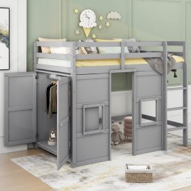 Wood Twin Size Loft Bed with Built-in Storage Wardrobe and 2 Windows