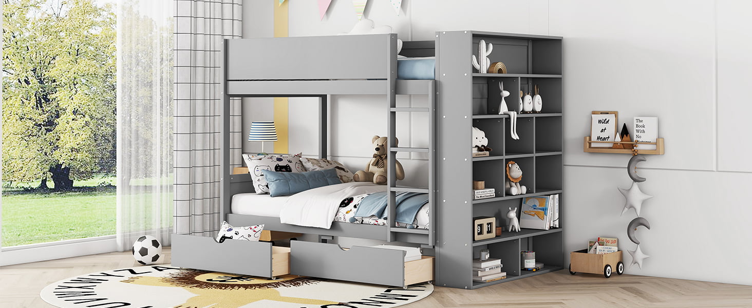 Twin Over Twin Bunk Bed With 2 Drawers And Multi-layer Cabinet 21 Twin Over Twin Bunk Bed With 2 Drawers And Multi-layer Cabinet