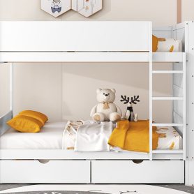 Full over Full Bunk Bed With 2 Drawers and Multi-layer Cabinet