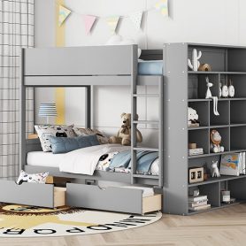 Twin Over Twin Bunk Bed With 2 Drawers And Multi-layer Cabinet 38 Twin Over Twin Bunk Bed With 2 Drawers And Multi-layer Cabinet
