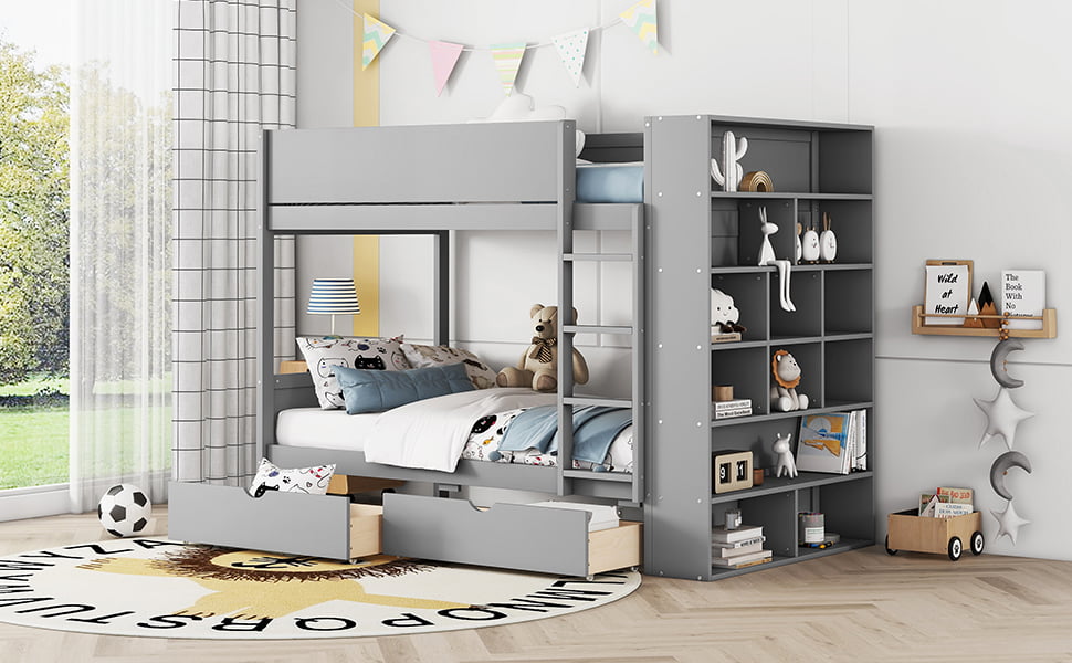 Twin Over Twin Bunk Bed With 2 Drawers And Multi-layer Cabinet 19 Twin Over Twin Bunk Bed With 2 Drawers And Multi-layer Cabinet