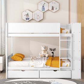 Full over Full Bunk Bed With 2 Drawers and Multi-layer Cabinet