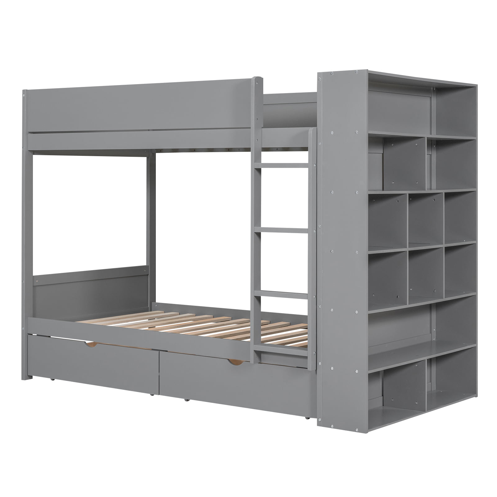 Twin Over Twin Bunk Bed With 2 Drawers And Multi-layer Cabinet 7 Twin Over Twin Bunk Bed With 2 Drawers And Multi-layer Cabinet