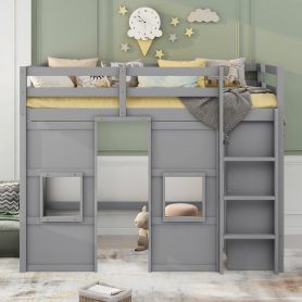 Wood Twin Size Loft Bed with Built-in Storage Wardrobe and 2 Windows