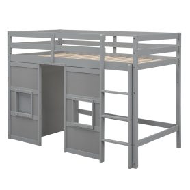 Wood Twin Size Loft Bed with Built-in Storage Wardrobe and 2 Windows