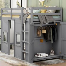 Wood Twin Size Loft Bed with Built-in Storage Wardrobe and 2 Windows