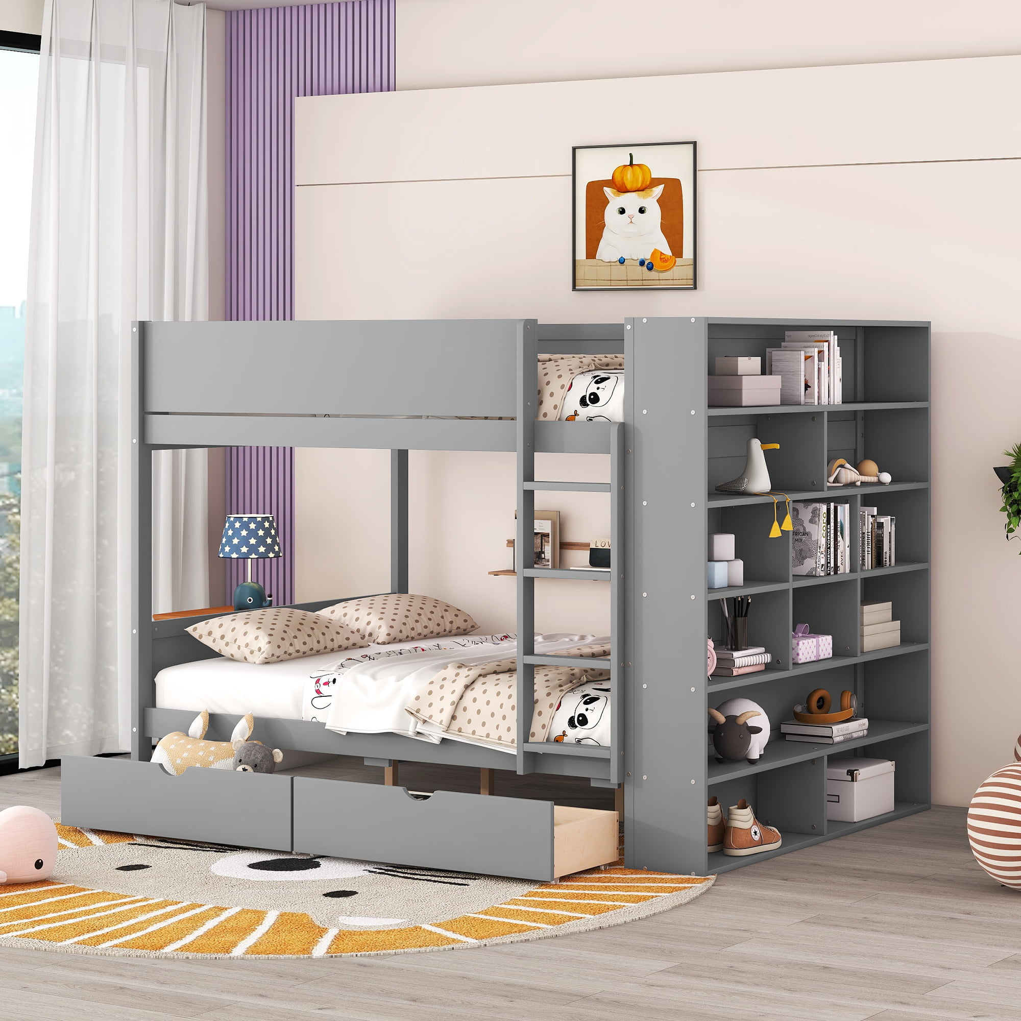 Full over Full Bunk Bed With 2 Drawers and Multi-layer Cabinet