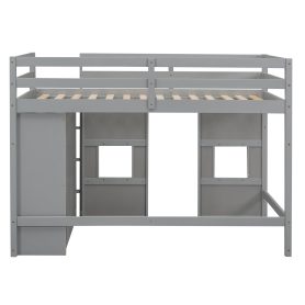 Wood Twin Size Loft Bed with Built-in Storage Wardrobe and 2 Windows
