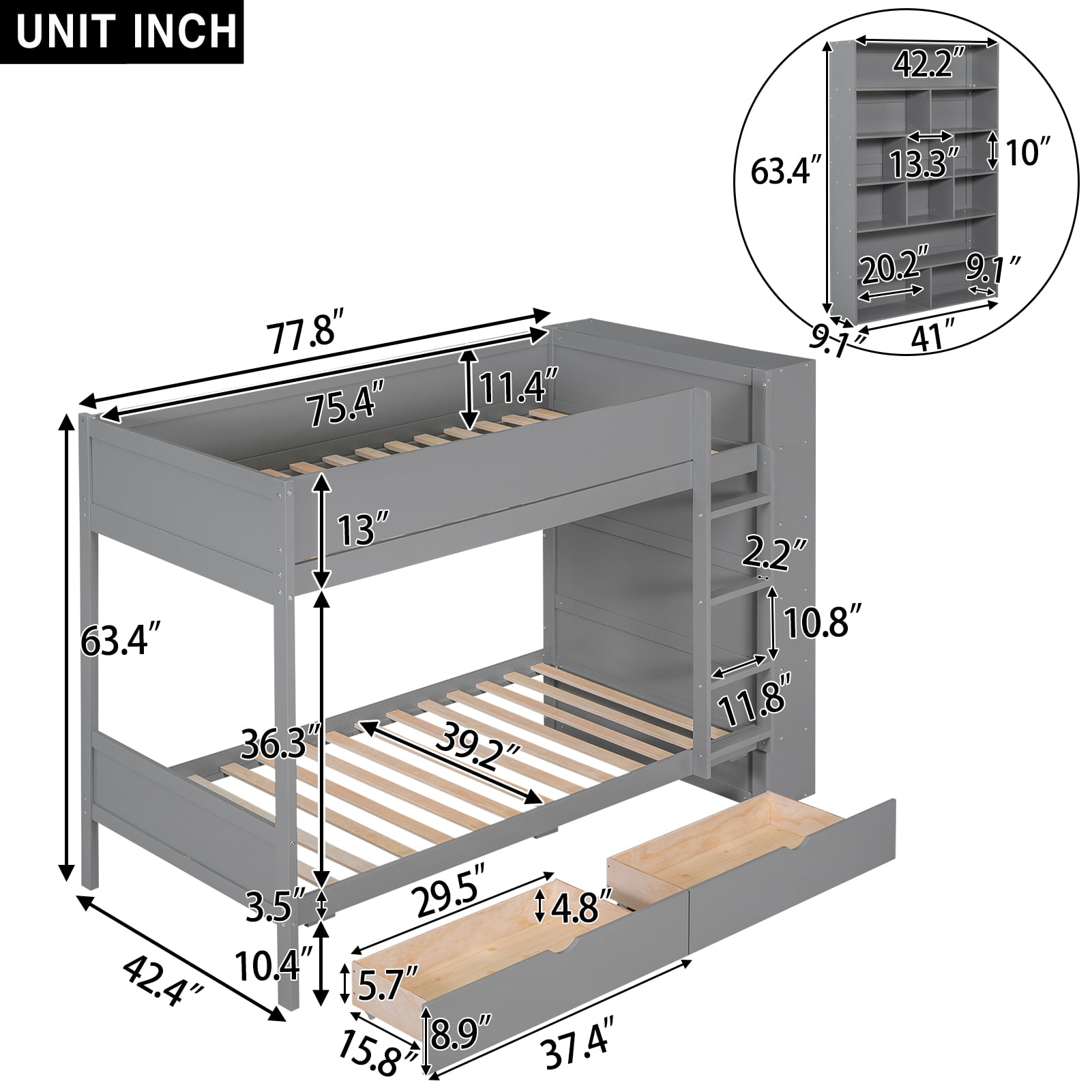 Twin Over Twin Bunk Bed With 2 Drawers And Multi-layer Cabinet 8 Twin Over Twin Bunk Bed With 2 Drawers And Multi-layer Cabinet
