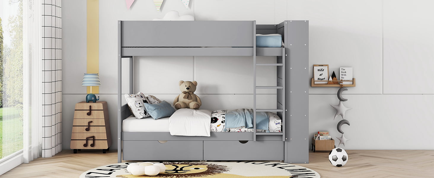 Twin Over Twin Bunk Bed With 2 Drawers And Multi-layer Cabinet 22 Twin Over Twin Bunk Bed With 2 Drawers And Multi-layer Cabinet