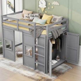 Wood Twin Size Loft Bed with Built-in Storage Wardrobe and 2 Windows