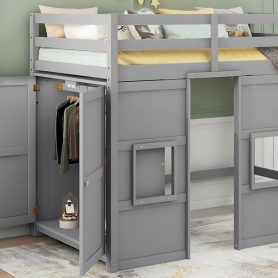 Wood Twin Size Loft Bed with Built-in Storage Wardrobe and 2 Windows