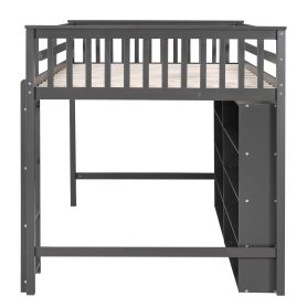 Full Size Loft Bed with 8 Open Storage Shelves and Built-in Ladder