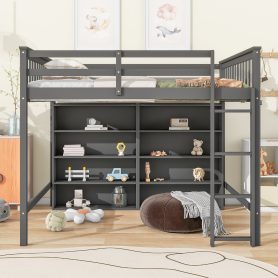 Full Size Loft Bed with 8 Open Storage Shelves and Built-in Ladder