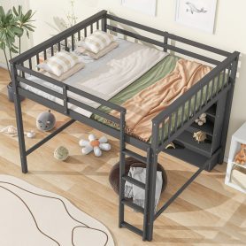 Full Size Loft Bed with 8 Open Storage Shelves and Built-in Ladder