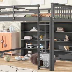 Full Size Loft Bed with 8 Open Storage Shelves and Built-in Ladder