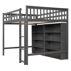 Full Size Loft Bed with 8 Open Storage Shelves and Built-in Ladder