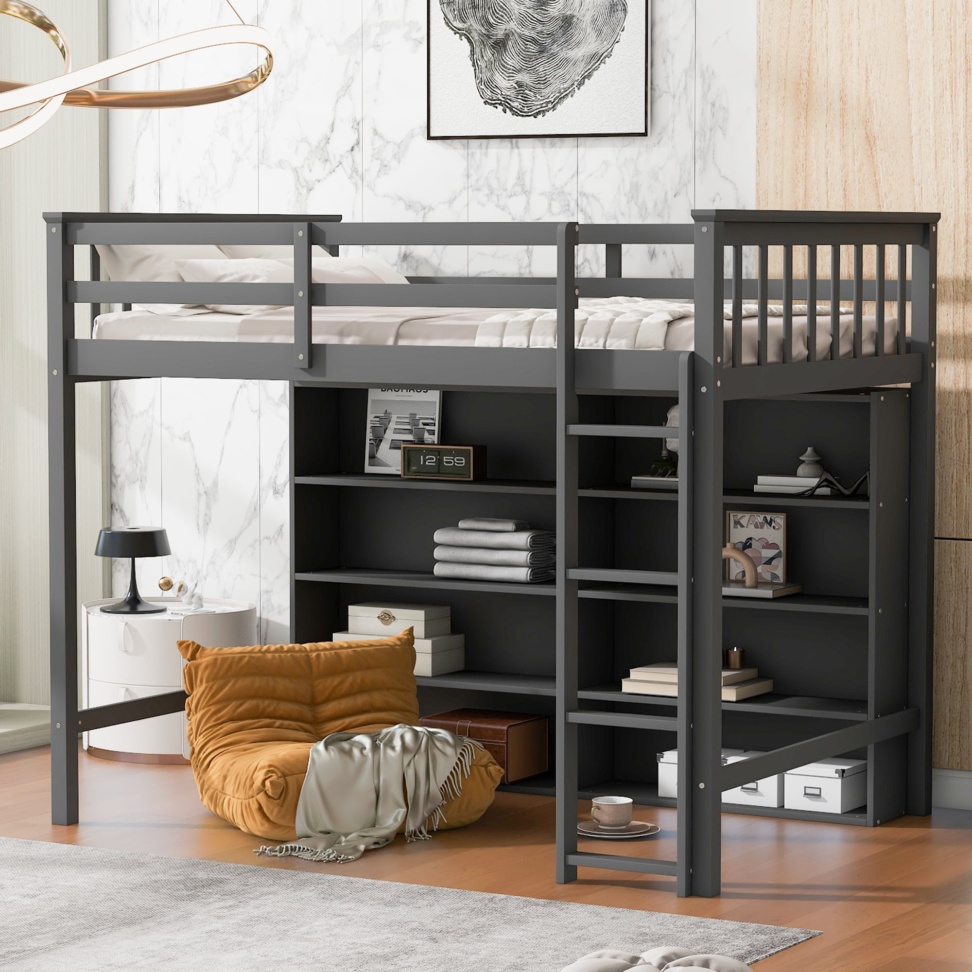 Twin Size Loft Bed with 8 Open Storage Shelves and Built-in Ladder