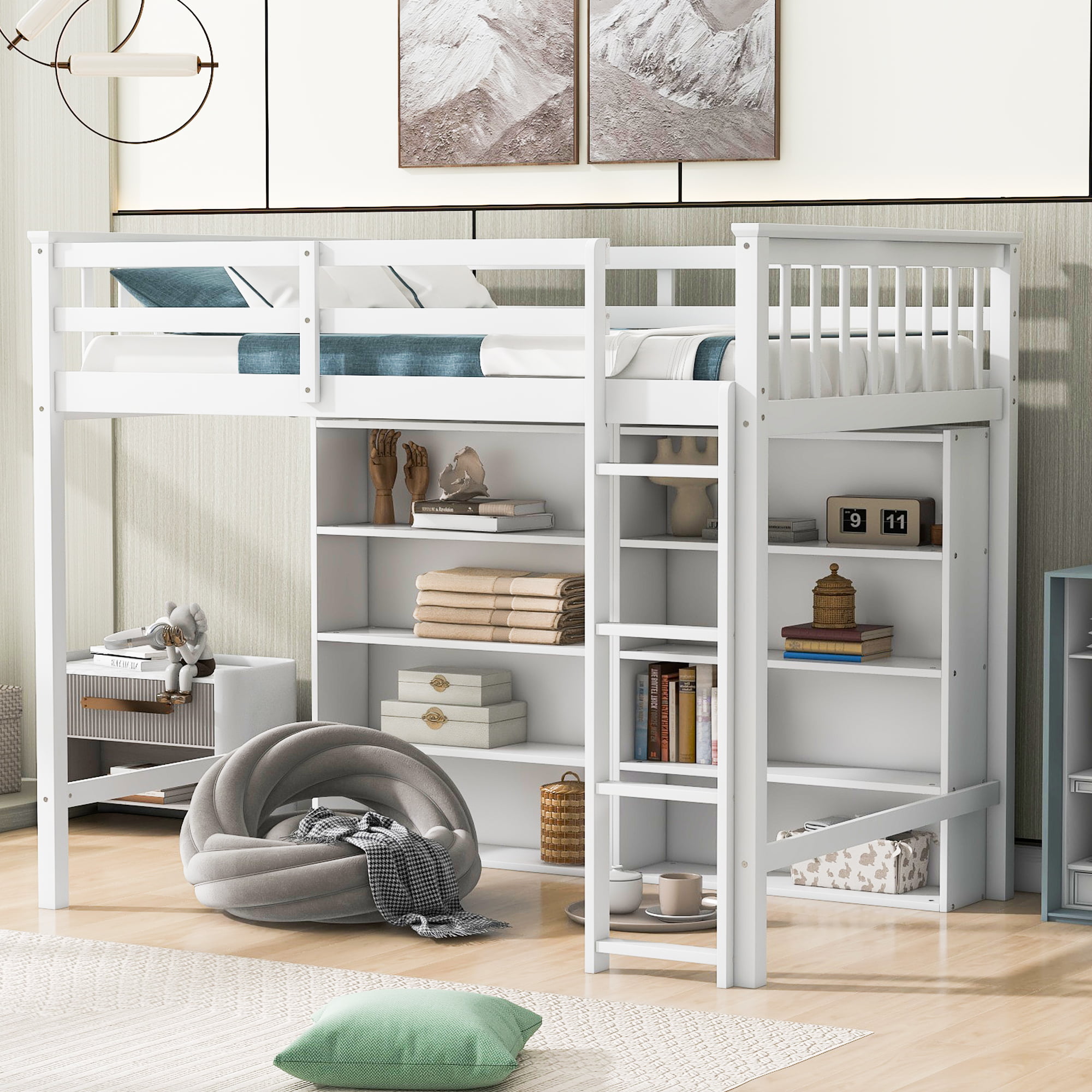 Twin Size Loft Bed with 8 Open Storage Shelves and Built-in Ladder