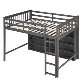 Full Size Loft Bed with 8 Open Storage Shelves and Built-in Ladder
