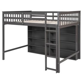 Full Size Loft Bed with 8 Open Storage Shelves and Built-in Ladder