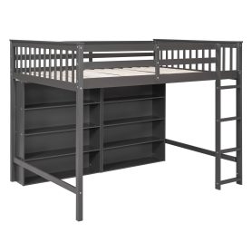 Full Size Loft Bed with 8 Open Storage Shelves and Built-in Ladder