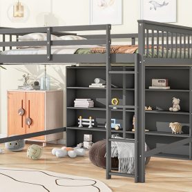 Full Size Loft Bed with 8 Open Storage Shelves and Built-in Ladder