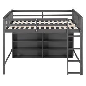 Full Size Loft Bed with 8 Open Storage Shelves and Built-in Ladder
