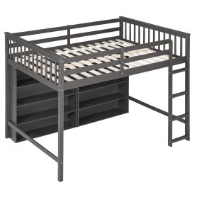 Full Size Loft Bed with 8 Open Storage Shelves and Built-in Ladder