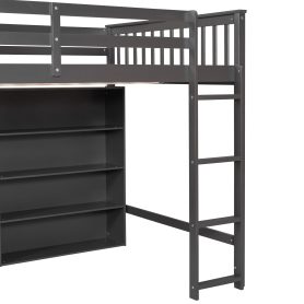 Full Size Loft Bed with 8 Open Storage Shelves and Built-in Ladder