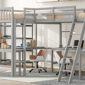 Wood Twin Size L-Shaped Loft Bed with Ladder and 2 Built-in L-Shaped Desks