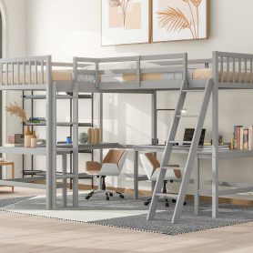Wood Twin Size L-Shaped Loft Bed with Ladder and 2 Built-in L-Shaped Desks