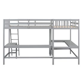 Wood Twin Size L-Shaped Loft Bed with Ladder and 2 Built-in L-Shaped Desks
