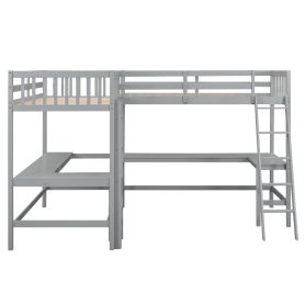 Wood Twin Size L-Shaped Loft Bed with Ladder and 2 Built-in L-Shaped Desks