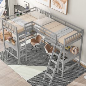 Wood Twin Size L-Shaped Loft Bed with Ladder and 2 Built-in L-Shaped Desks