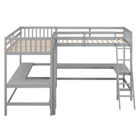 Wood Twin Size L-Shaped Loft Bed with Ladder and 2 Built-in L-Shaped Desks