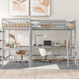 Wood Twin Size L-Shaped Loft Bed with Ladder and 2 Built-in L-Shaped Desks