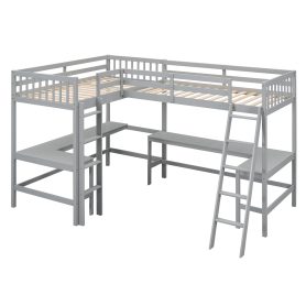 Wood Twin Size L-Shaped Loft Bed with Ladder and 2 Built-in L-Shaped Desks