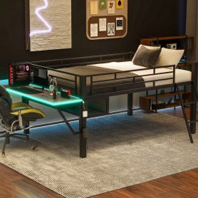 Gaming Mid Loft Bed With Desk and LED, Full Size