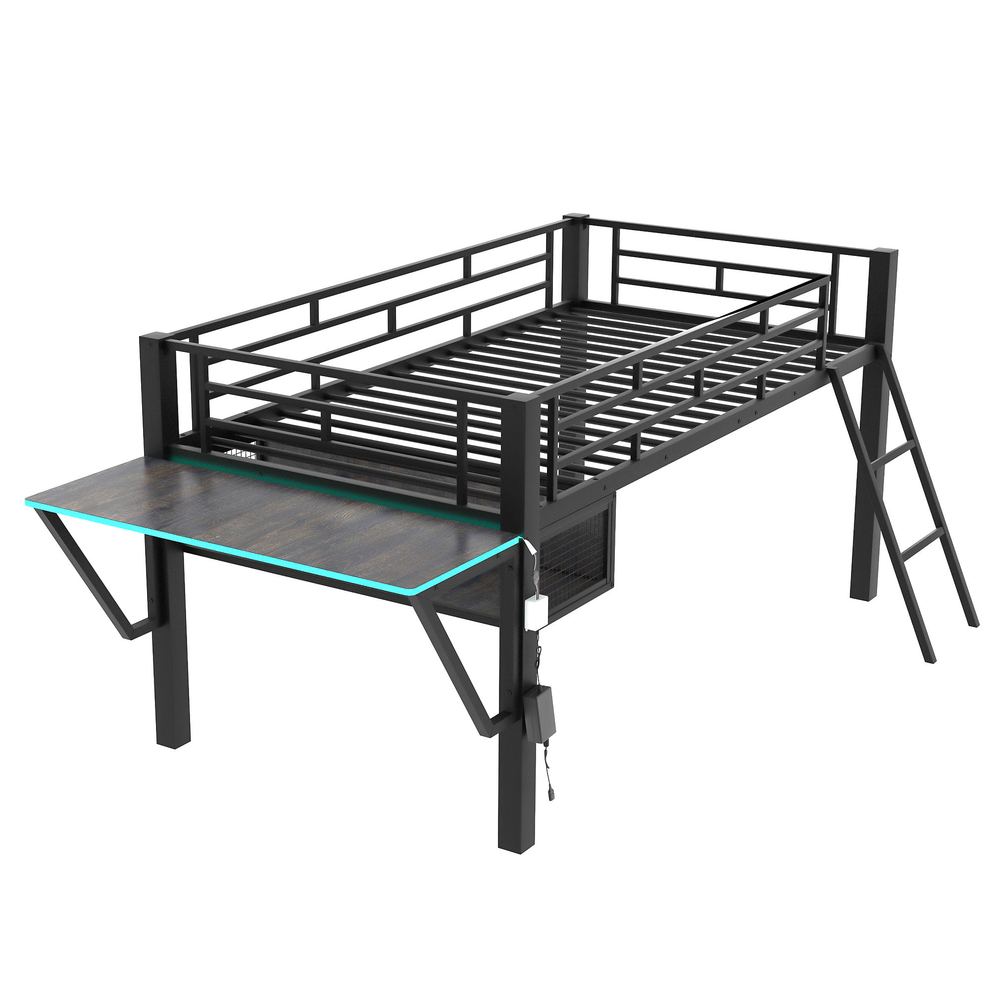 Gaming Mid Loft Bed With Desk and LED, Twin Size