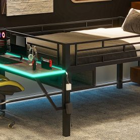 Gaming Mid Loft Bed With Desk and LED, Full Size