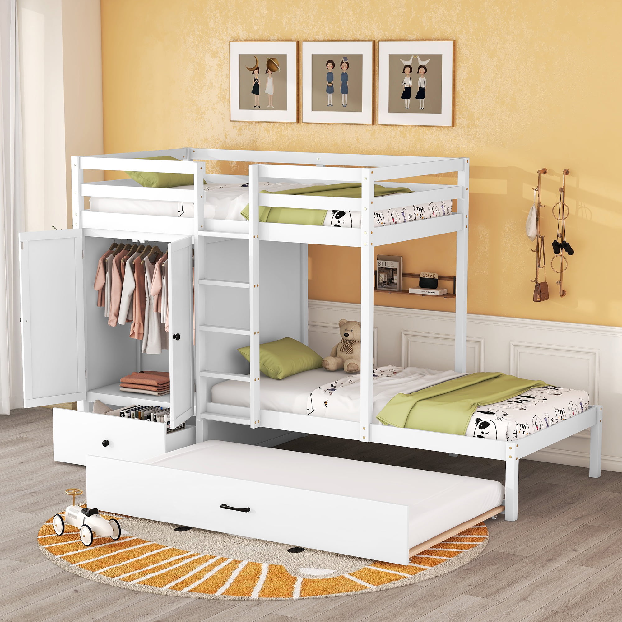 Twin-over-Twin Bunk Bed With Wardrobe, Drawers And Shelves