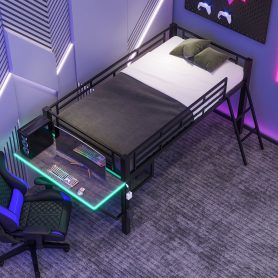 Gaming Mid Loft Bed With Desk and LED, Twin Size
