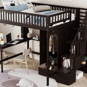 Full Size Loft Bed With Bookshelf, Staircase, Desk and Wardrobe 39 Full Size Loft Bed With Bookshelf, Staircase, Desk and Wardrobe