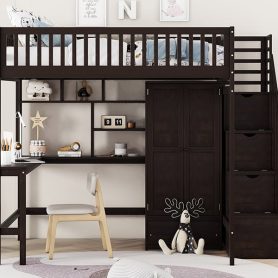 Full Size Loft Bed With Bookshelf, Staircase, Desk and Wardrobe 36 Full Size Loft Bed With Bookshelf, Staircase, Desk and Wardrobe
