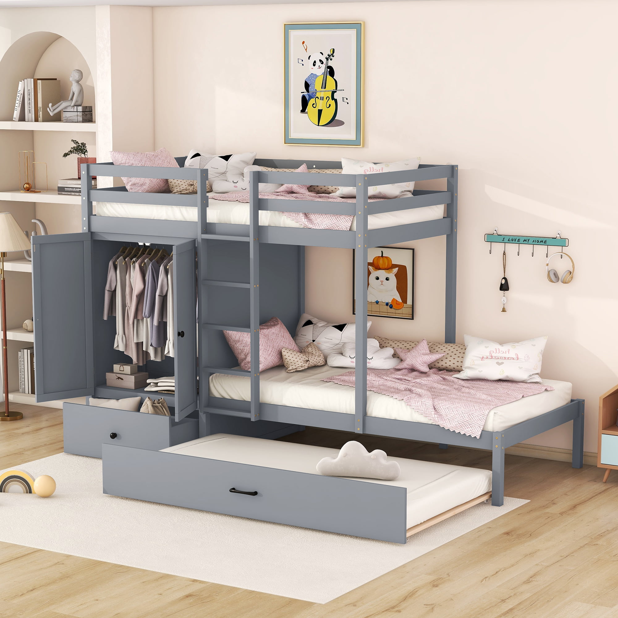 Twin-over-Twin Bunk Bed With Wardrobe, Drawers And Shelves