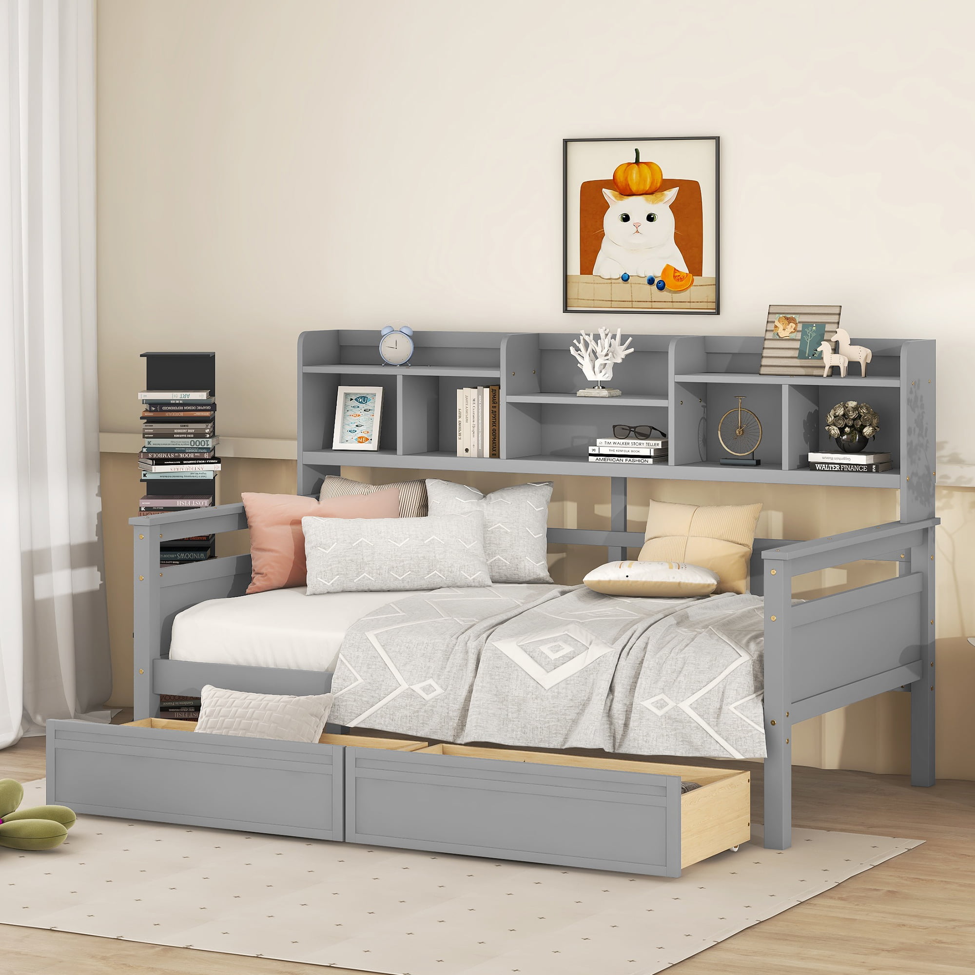 Twin Size Daybed With Bedside Shelves And Two Drawers