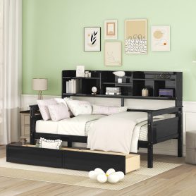 Twin Size Daybed With Bedside Shelves And Two Drawers
