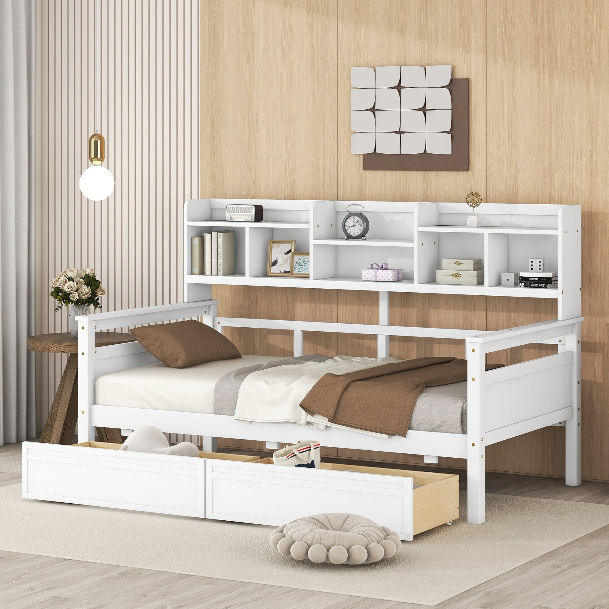 Twin Size Daybed With Bedside Shelves And Two Drawers